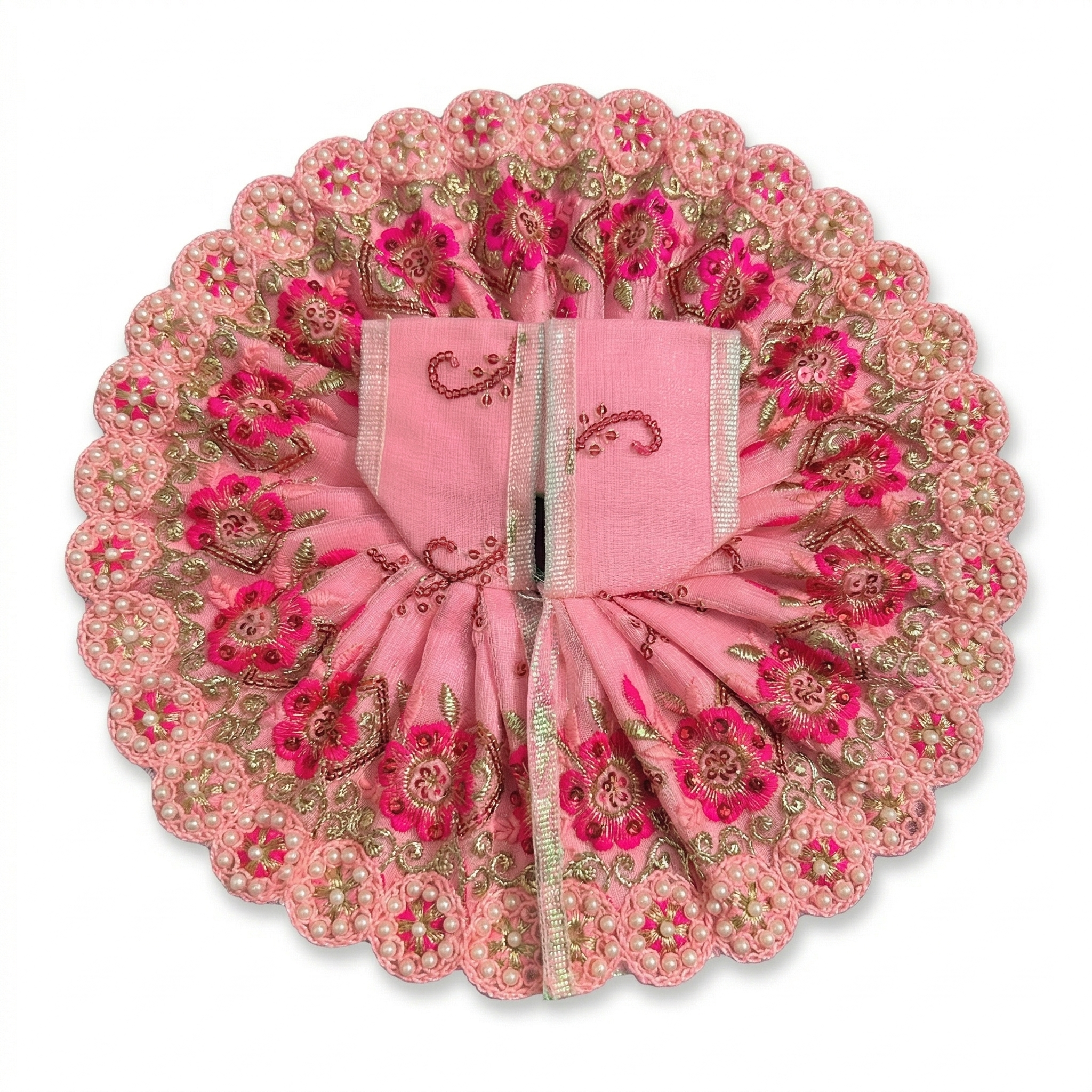 Laddu Gopal poshak with delicate floral embroidery and pearl shringar