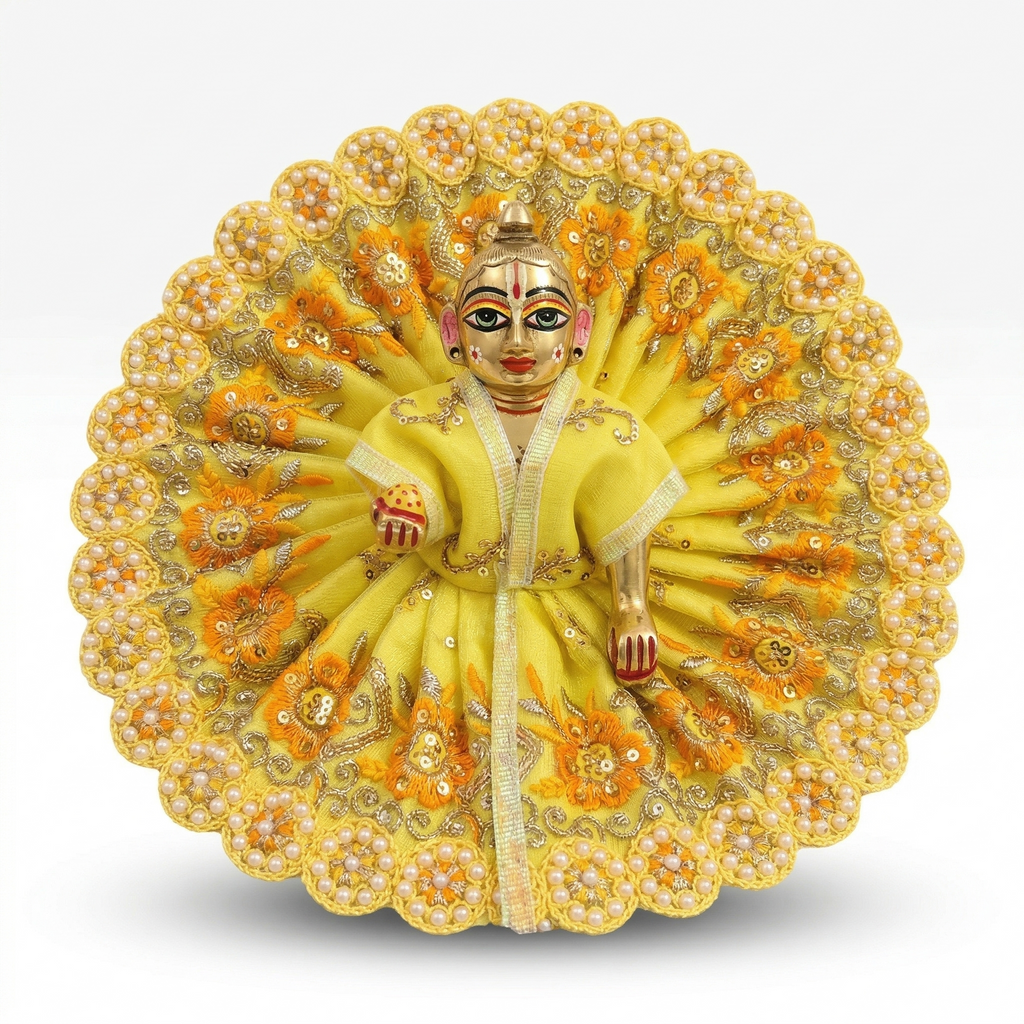 Laddu Gopal poshak with delicate floral embroidery and pearl shringar