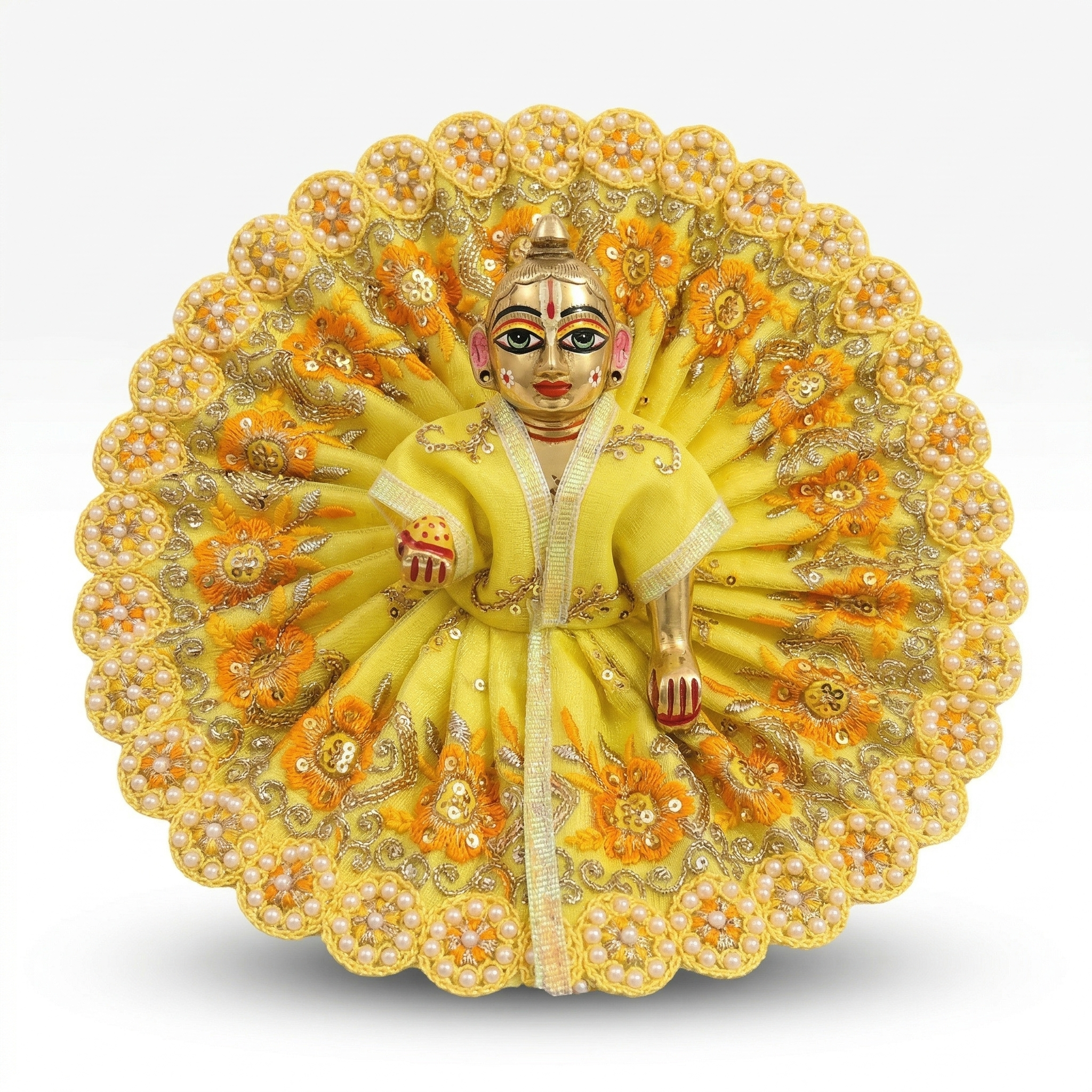 Laddu Gopal poshak with delicate floral embroidery and pearl shringar