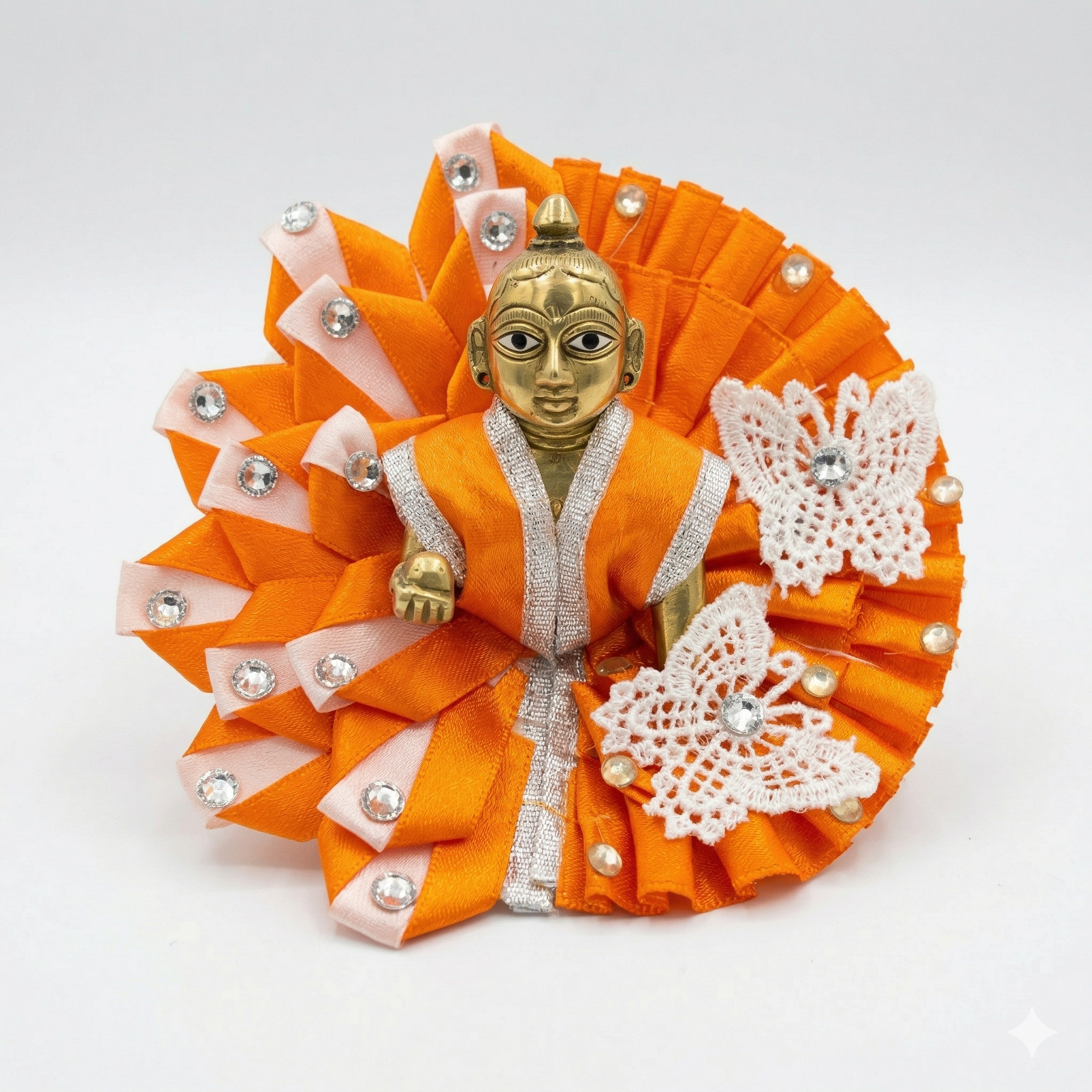Sun-yellow Laddu Gopal poshak with peacock and rose embroidery