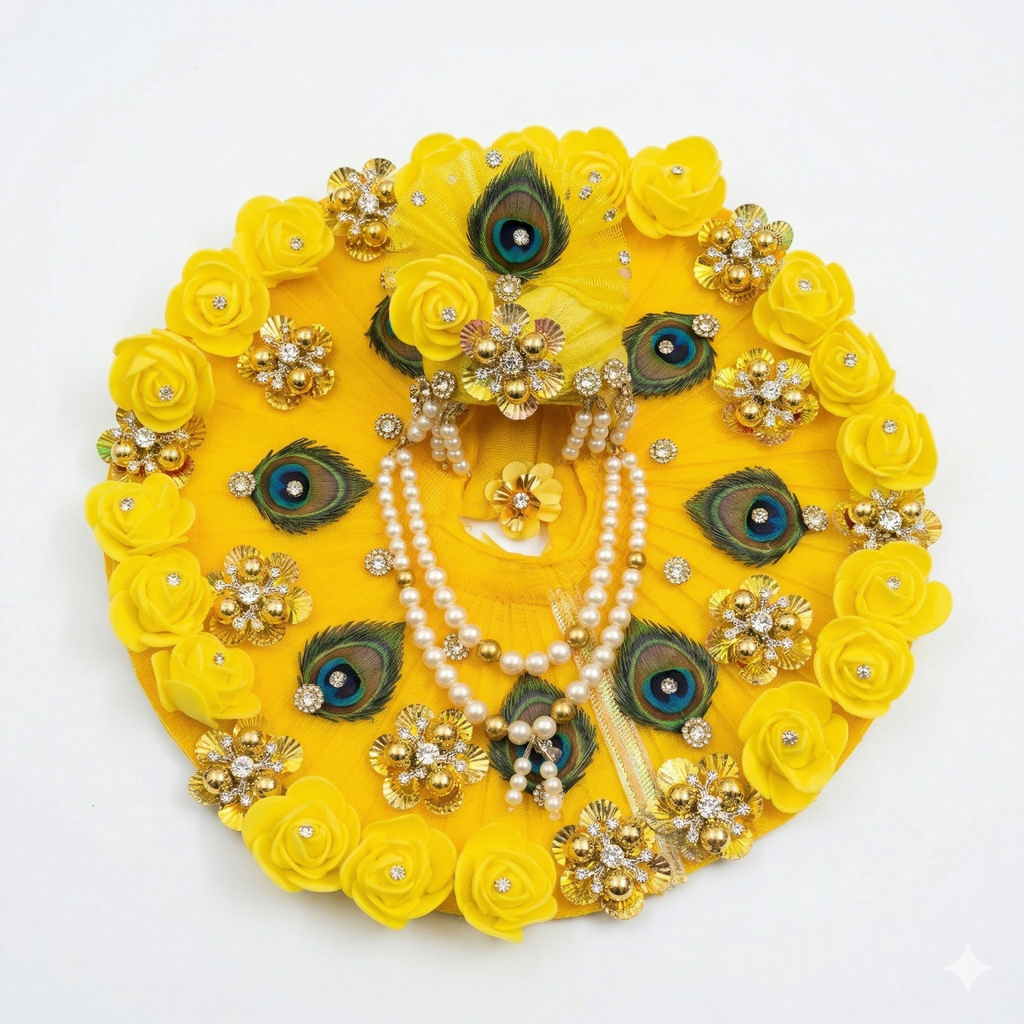 Sun-yellow Laddu Gopal poshak with peacock and rose embroidery